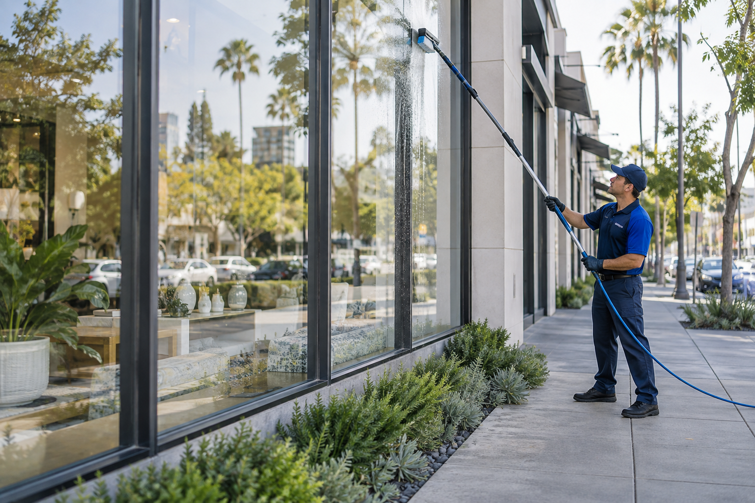 Professional cleaning a modern commercial storefront