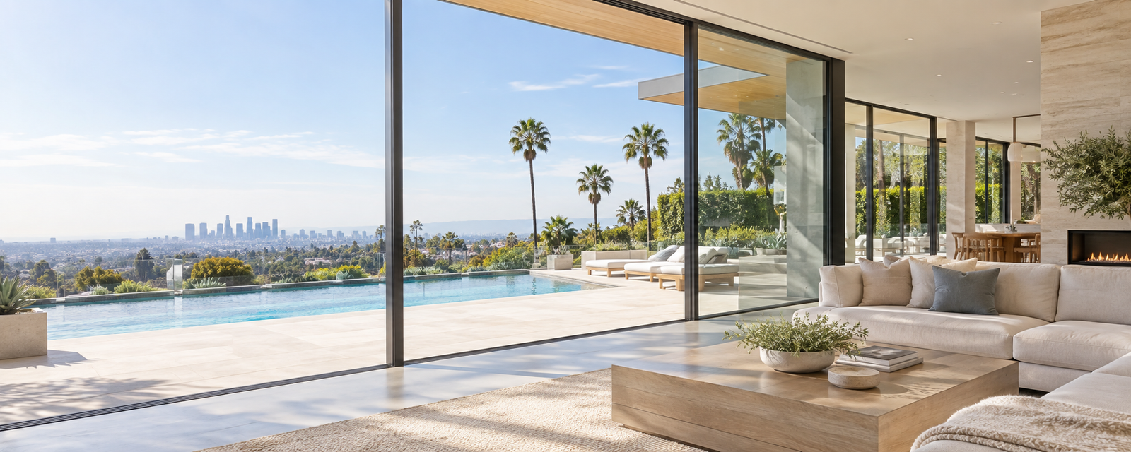 Freshly cleaned floor-to-ceiling windows overlooking Los Angeles