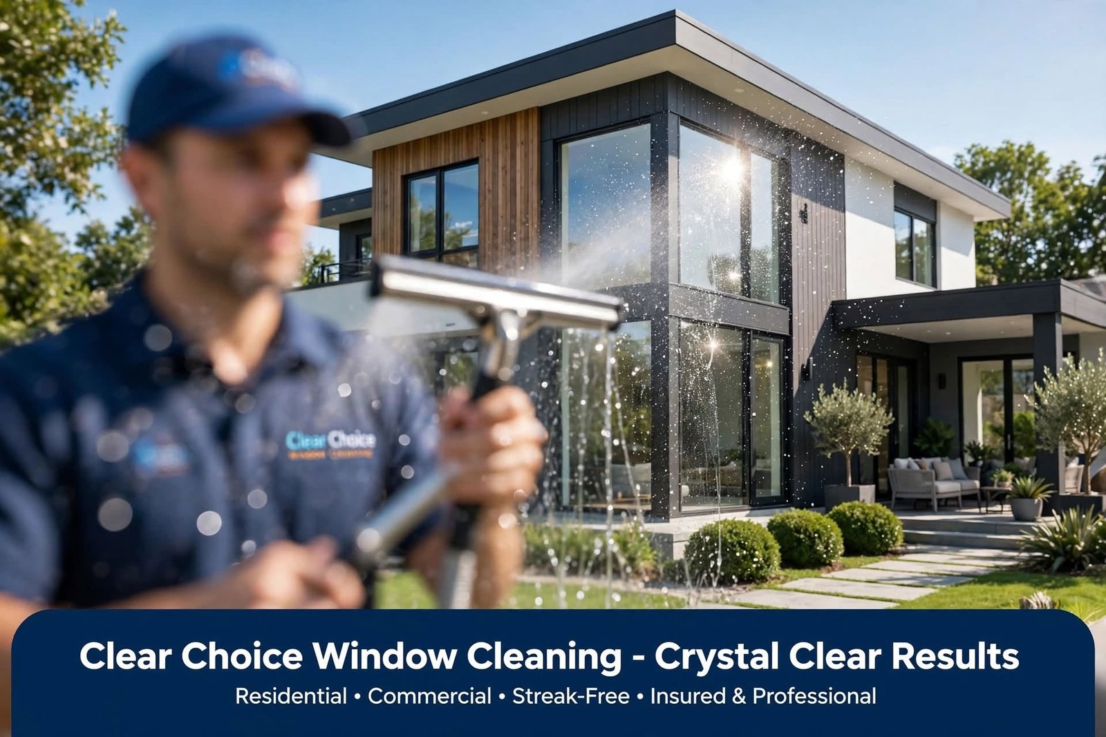 Window cleaner using a squeegee on residential glass