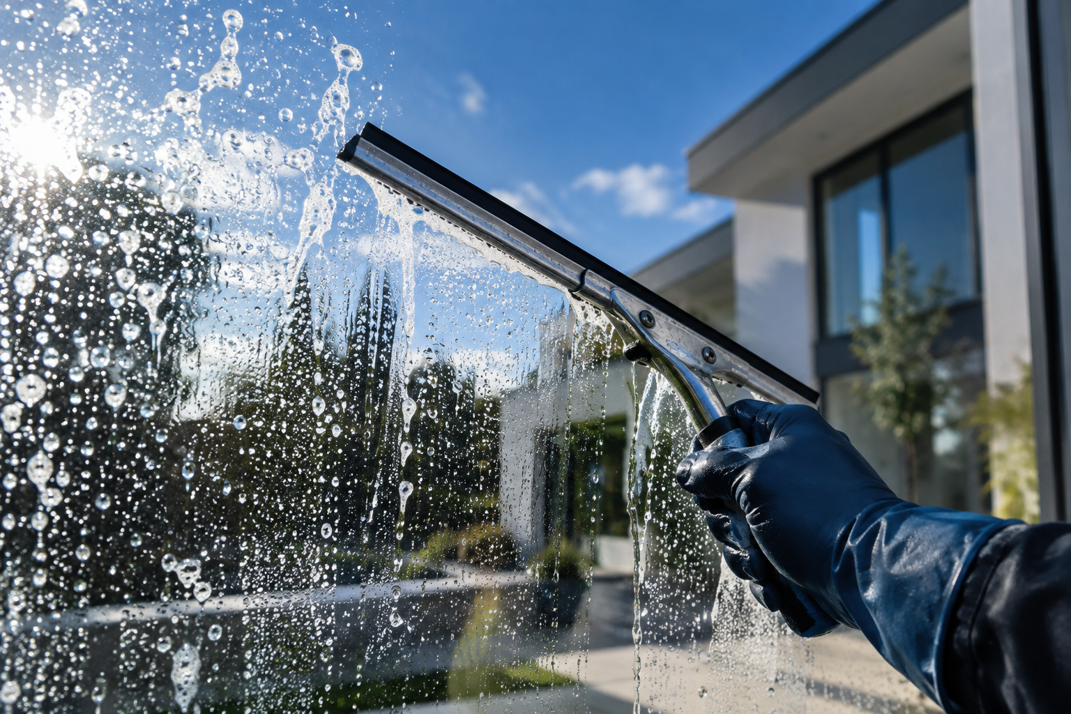 Close-up of a squeegee leaving window glass streak-free
