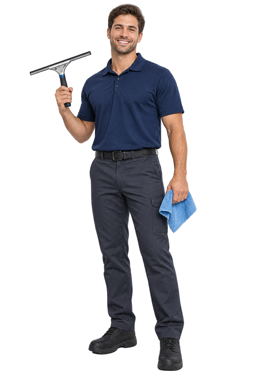 Window cleaning professional with a squeegee and microfiber cloth